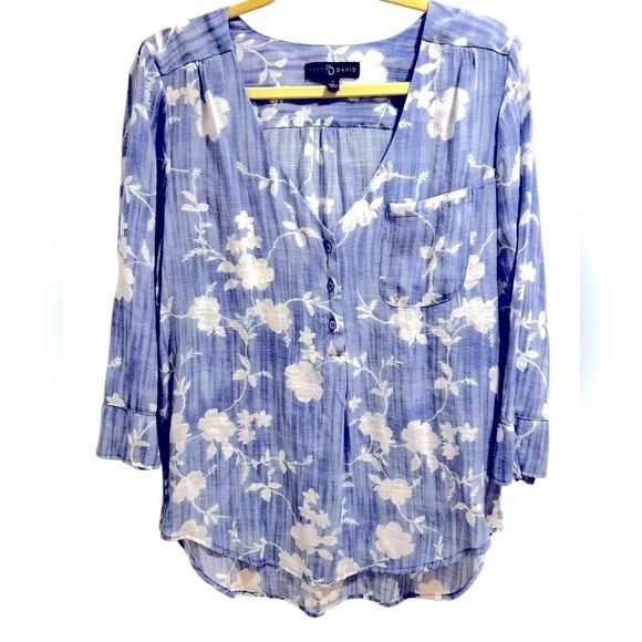 Fred David Blue Floral Button Front Blouse Size Large - Picture 1 of 3